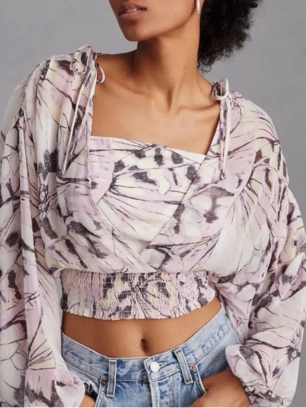 Anthropologie Sheer Peasant Blouse Cropped Lavender Purple NWT Size Small